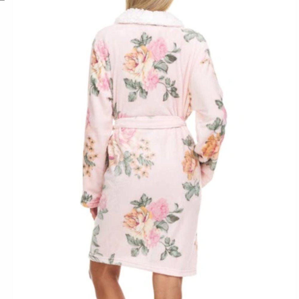 NEW Flora Nikrooz Women Joy Pink 2 Piece Short Plush Collar Robe & Sock Set - Picture 6 of 7